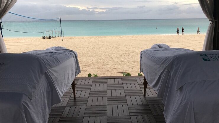 picture of two tables on beach