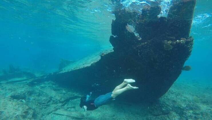 picture of person snorkeling underwater with shipwreck