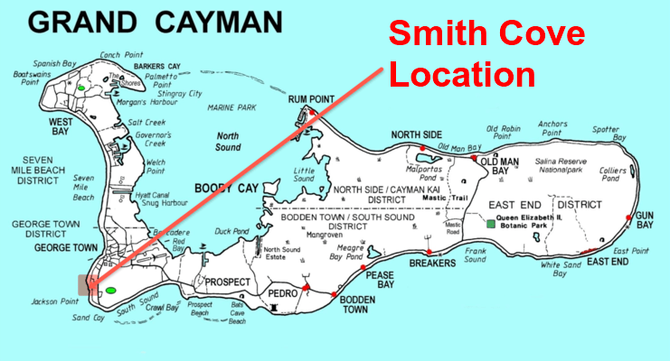 picture of map showing location of smith cove on south-west coast of Grand Cayman