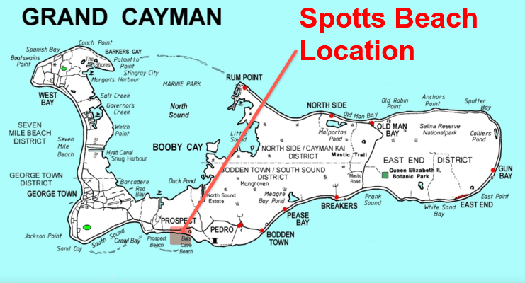 picture of a map showing spotts beach location on south side of Grand Cayman