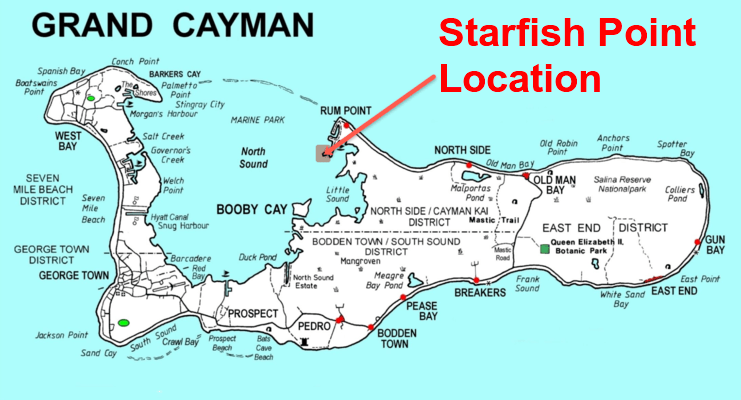 picture of map showing location of starfish point on north side of Grand Cayman