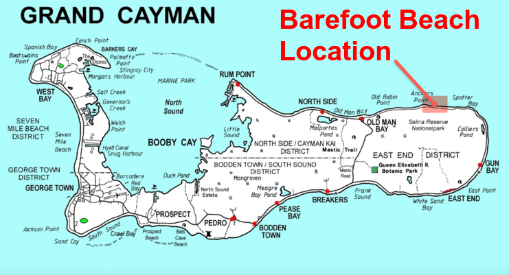 picture of map showing location of barefoot beach on east side of grand cayman