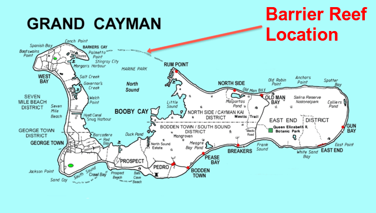 picture of a map showing location of barrier reef on north side of Grand Cayman